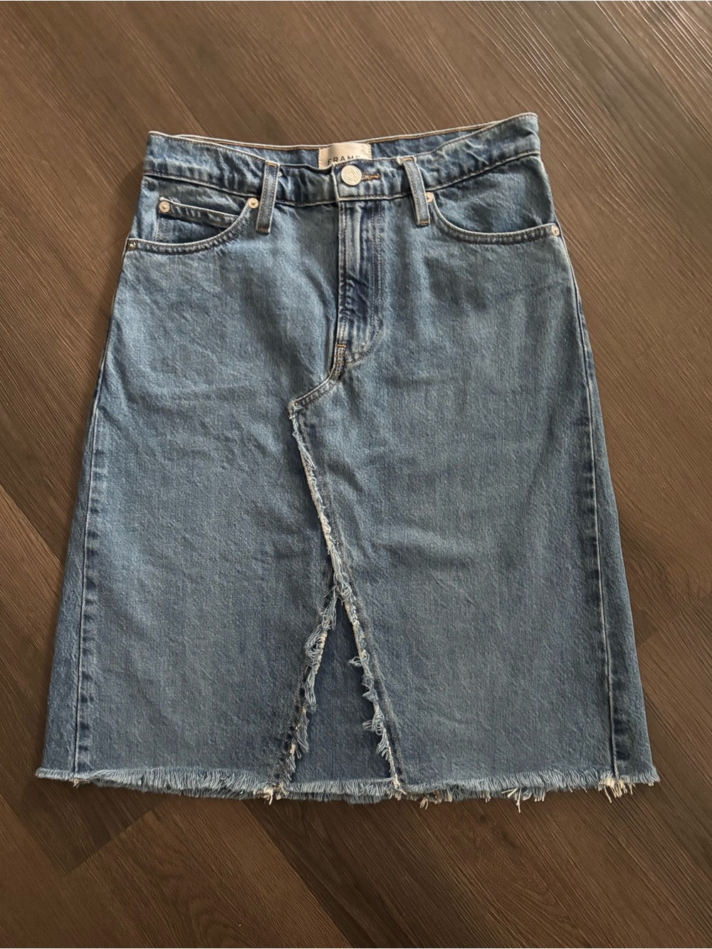 Frame Denim Midi Skirt with Front Frayed Slit - Blue Wash Sz 26